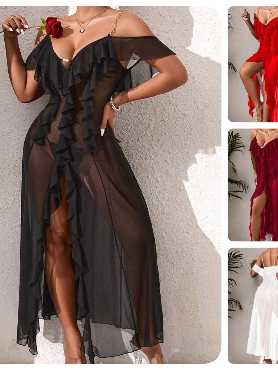 Solid Color Mesh Nightdress Wi - Mesh Strap Metal 评论和价格