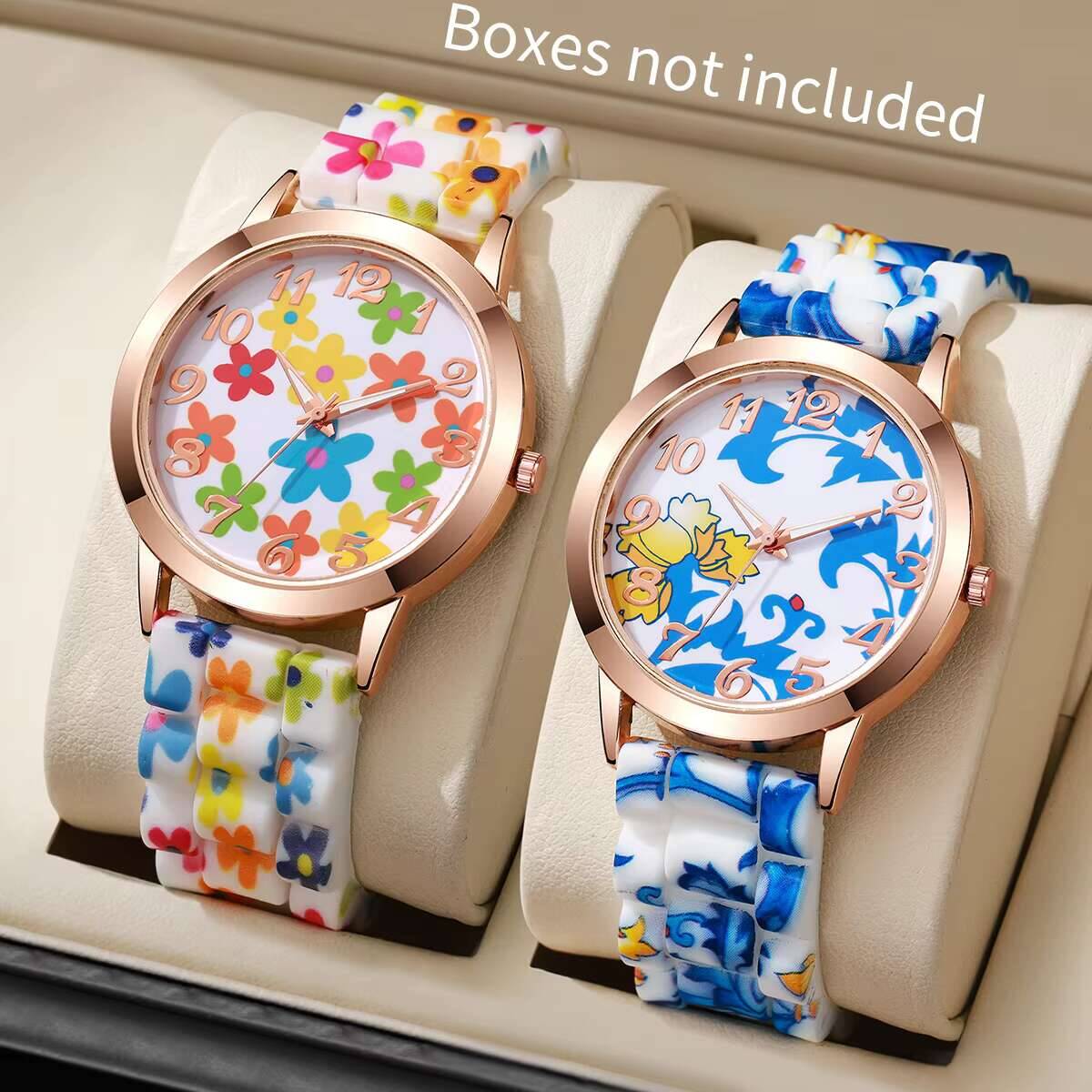 2PCS Fashion Flower Printed Wo - Silicone Band Women 评论和价格