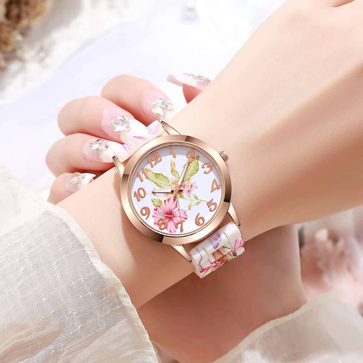 2PCS Fashion Flower Printed Wo - Silicone Band Women 评论和价格