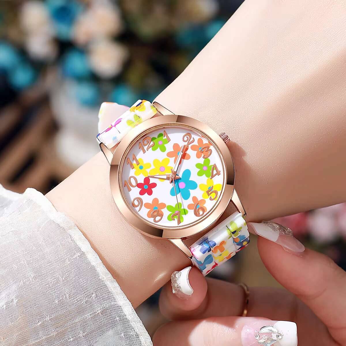 2PCS Fashion Flower Printed Wo - Silicone Band Women 评论和价格