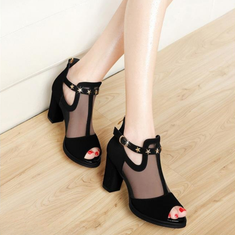 Mesh Peep Toe Block High Heels - Mesh Strap Metal 评论和价格