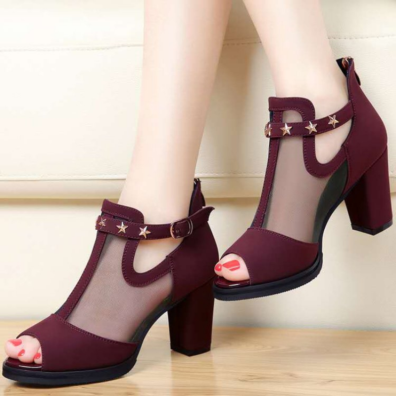Mesh Peep Toe Block High Heels - Mesh Strap Metal 评论和价格
